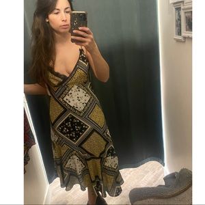 Green Plaid Asymmetrical Dress with Lace Trim